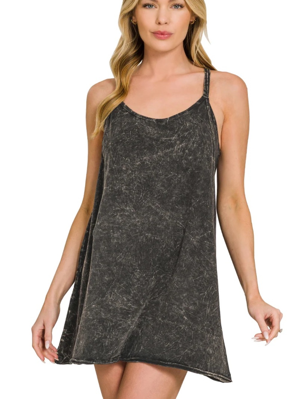 Zenana Acid Wash Black Racerback Dress Built-In Romper Pockets Size S